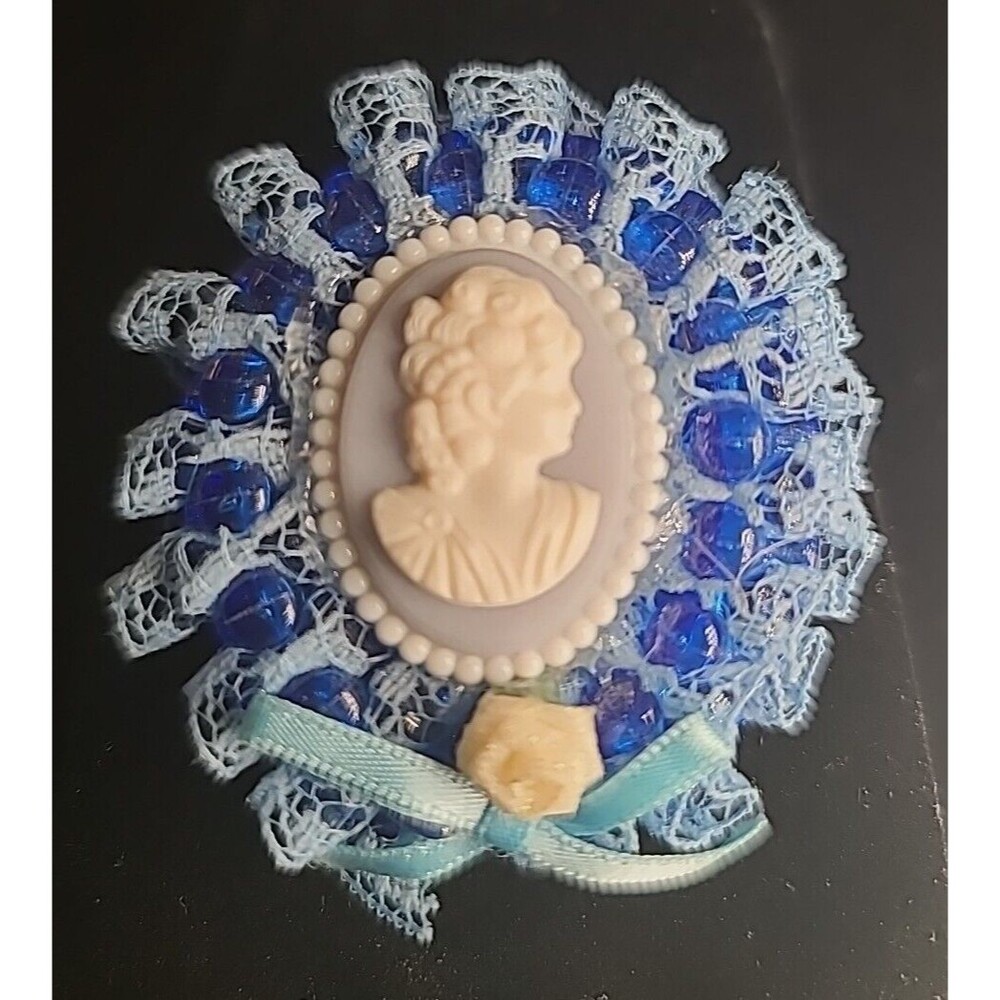 Vintage Cameo Brooch Handmade Blue Lace & Beads 1980's